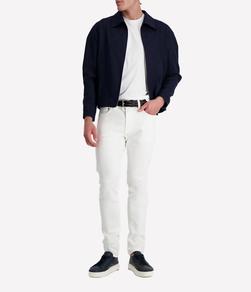 Lardini lightweight linen jacket in dark navy with zip closure, elasticated hem and cuffs, and side welt pockets—designed for a polished yet breathable warm-weather look.