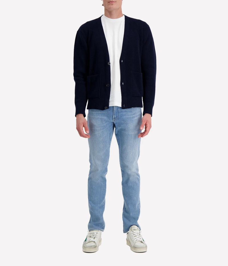 Navy Lardini V-neck cardigan with button front, made from organic cotton in a textured 7-gauge knit.