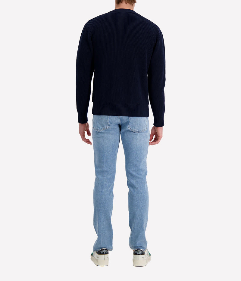 Navy Lardini V-neck cardigan with button front, made from organic cotton in a textured 7-gauge knit.