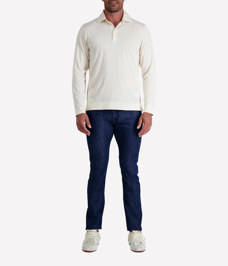 Lardini long sleeve polo in cream, made from a lightweight cotton-silk blend, featuring a classic collar, button placket, and a soft, breathable finish.