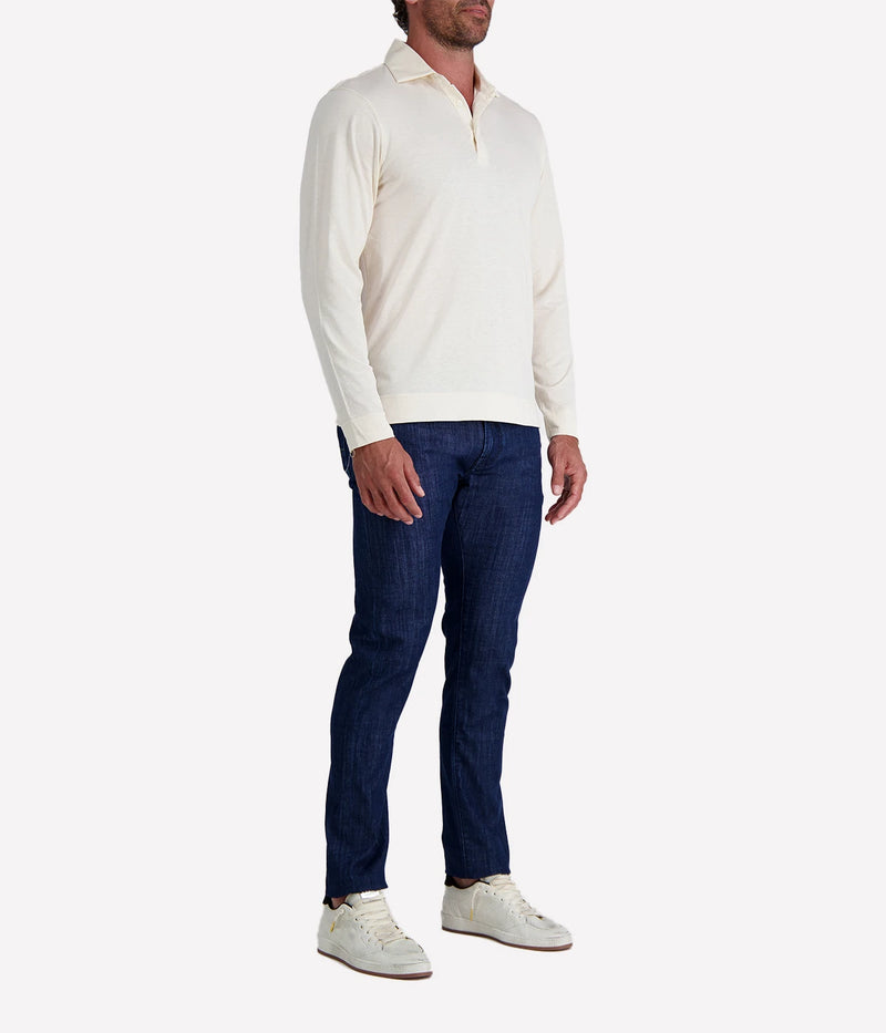 Lardini long sleeve polo in cream, made from a lightweight cotton-silk blend, featuring a classic collar, button placket, and a soft, breathable finish.