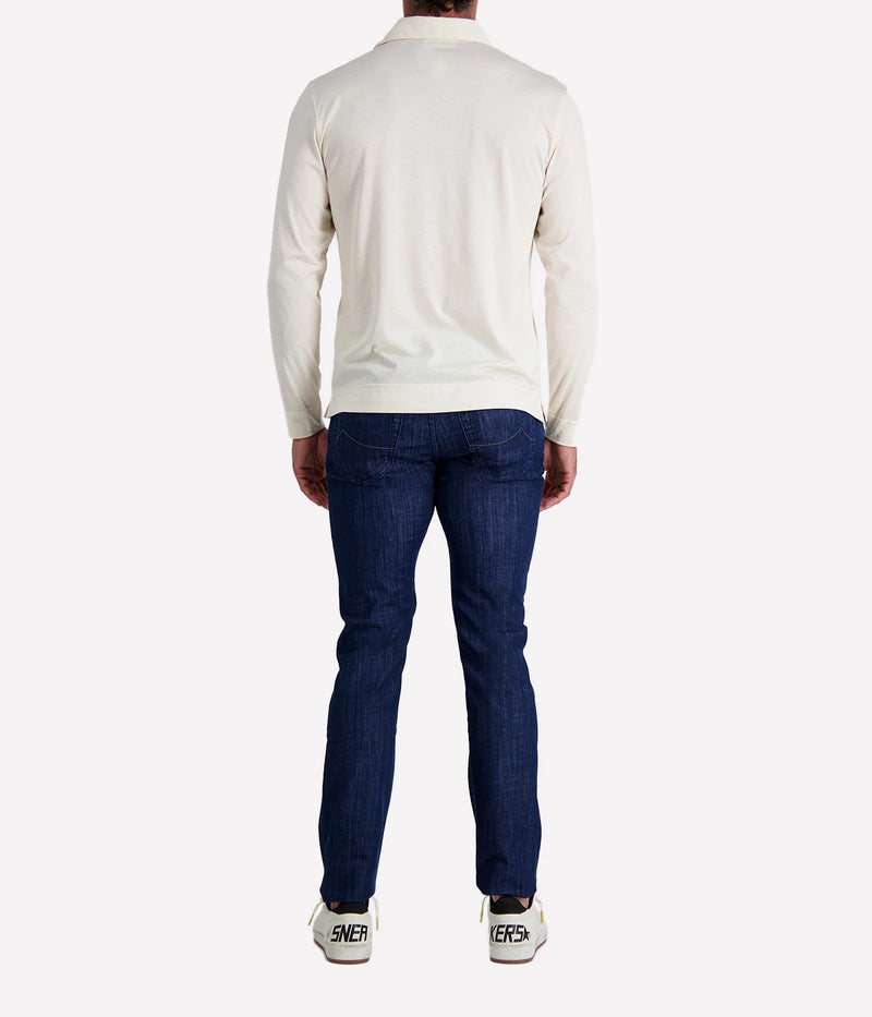 Lardini long sleeve polo in cream, made from a lightweight cotton-silk blend, featuring a classic collar, button placket, and a soft, breathable finish.