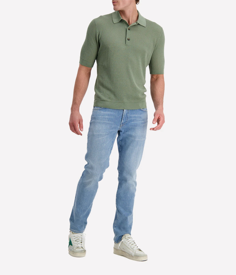 Lardini Moss green waffle-knit short-sleeve polo shirt with buttoned collar and ribbed cuffs and hem, made from 100% cotton.