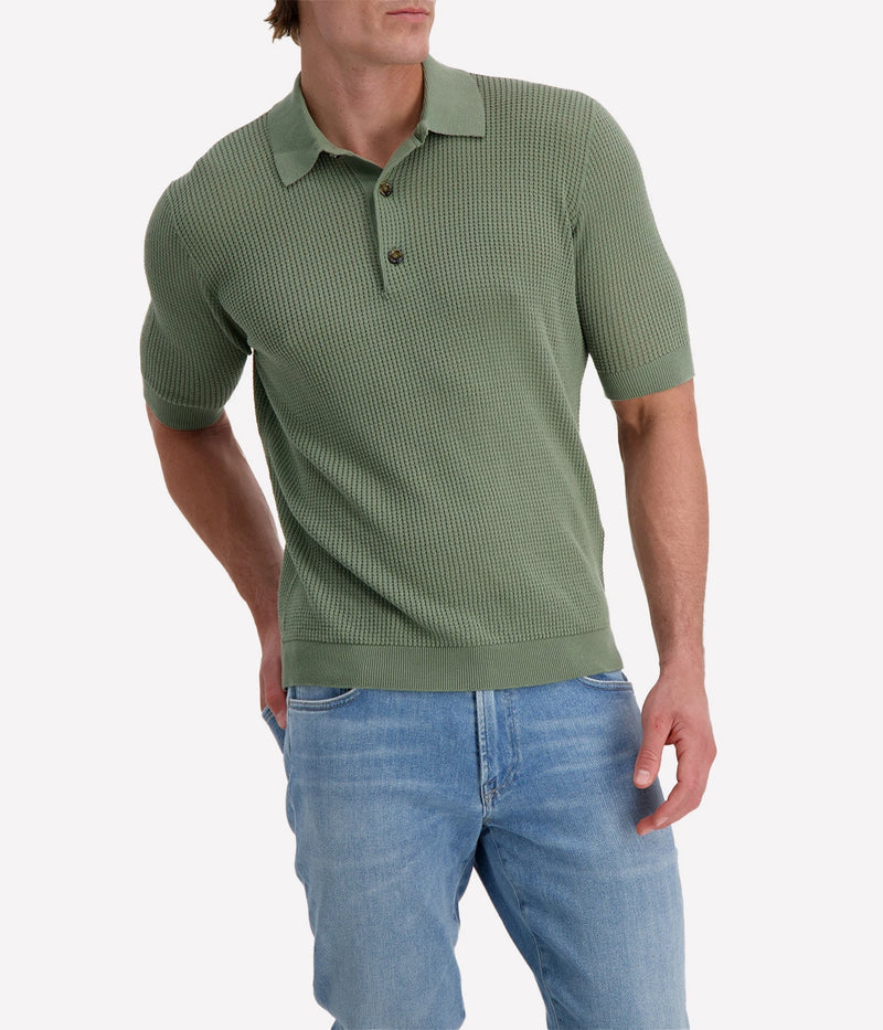 Lardini Moss green waffle-knit short-sleeve polo shirt with buttoned collar and ribbed cuffs and hem, made from 100% cotton.