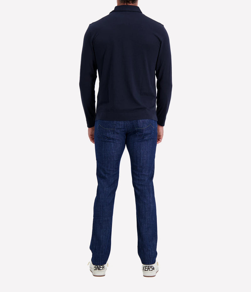 Lardini long sleeve polo in navy, crafted from a lightweight cotton-silk blend, featuring a classic collar, button placket, and a smooth, breathable finish.