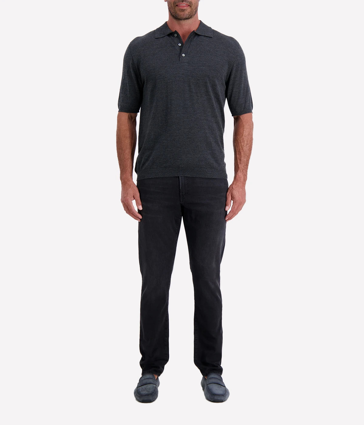 Lardini grey marl short-sleeve polo with a three-button placket, crafted from a wool-silk-cashmere blend.