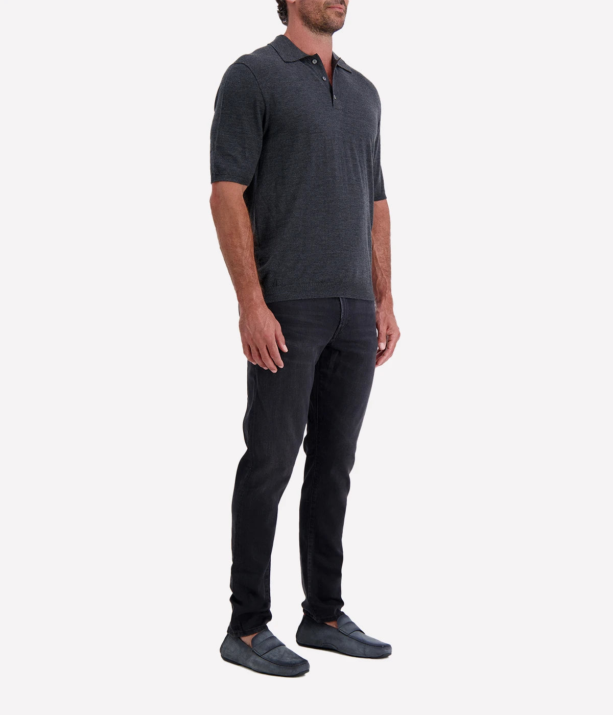 Lardini grey marl short-sleeve polo with a three-button placket, crafted from a wool-silk-cashmere blend.