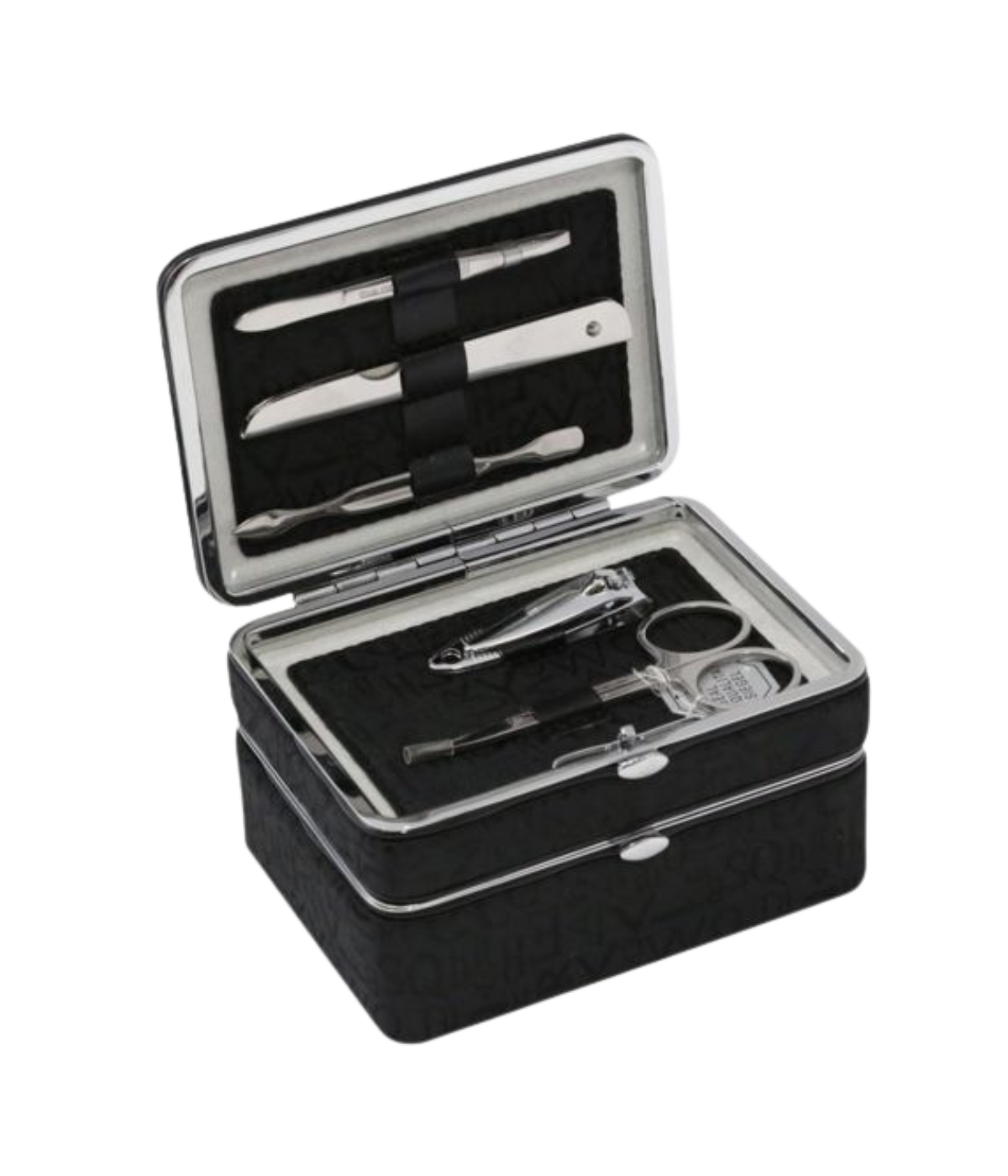 Black travel manicure and jewelry set with 5 grooming tools, mirror, and ring and earring storage – luxury gift for men and women.