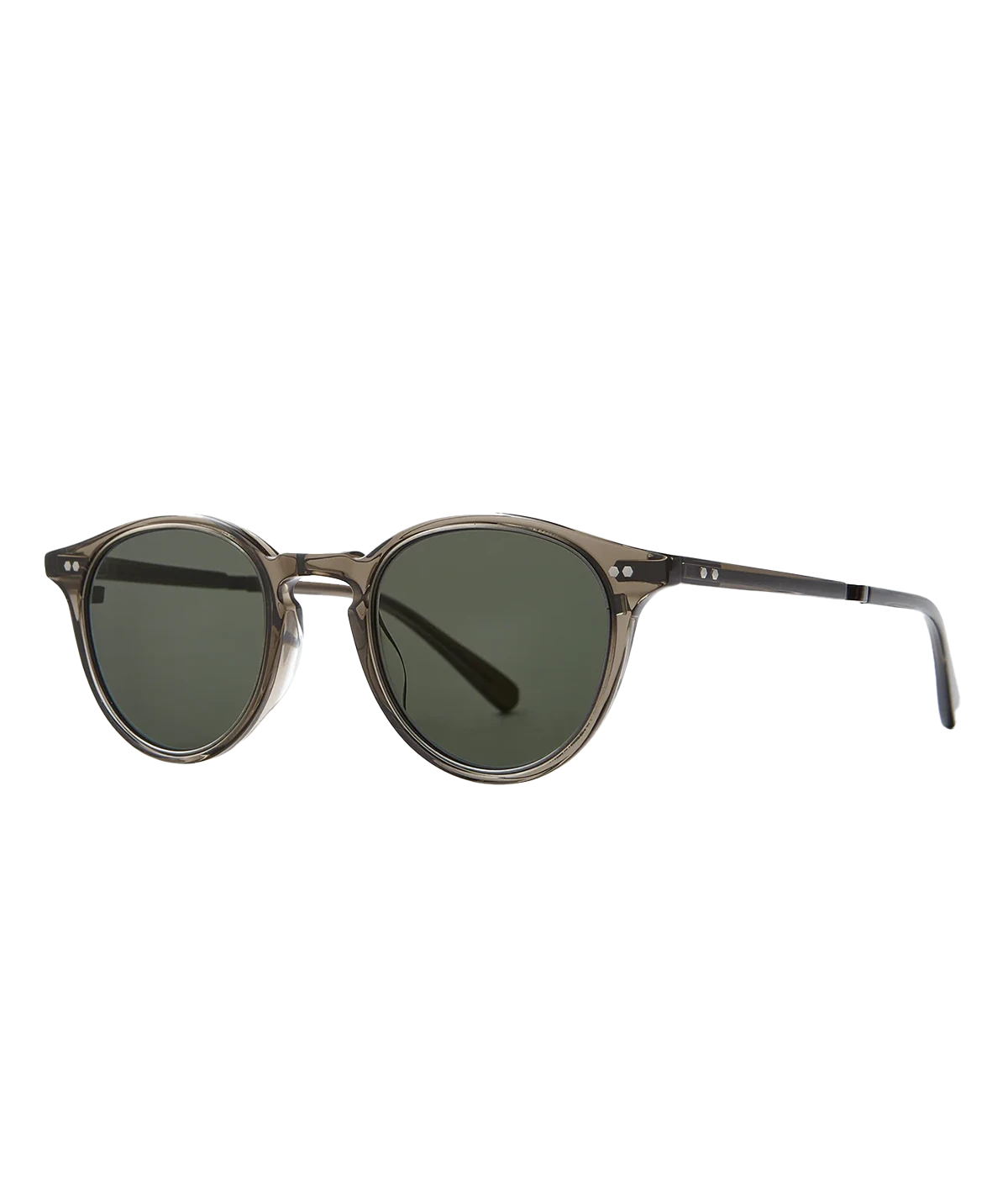 Rounded grey sunglasses with green lenses by Mr Leight, Handcrafted in Japan