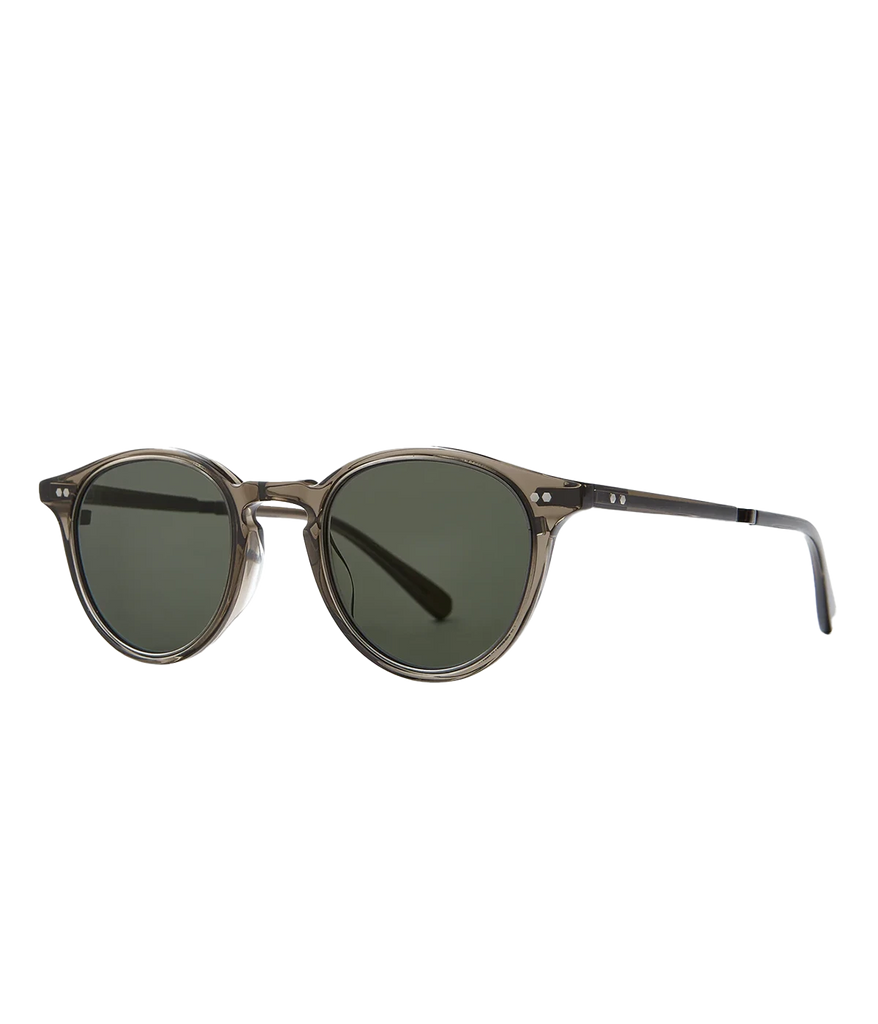 Rounded grey sunglasses with green lenses by Mr Leight, Handcrafted in Japan