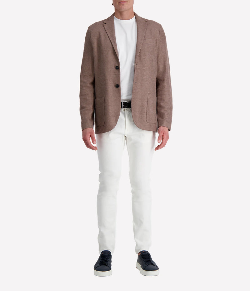 Knitted linen blend men's blazer with 2-button closure, notched collar, and patch pockets, unlined for lightweight summer layering. Made in Italy.