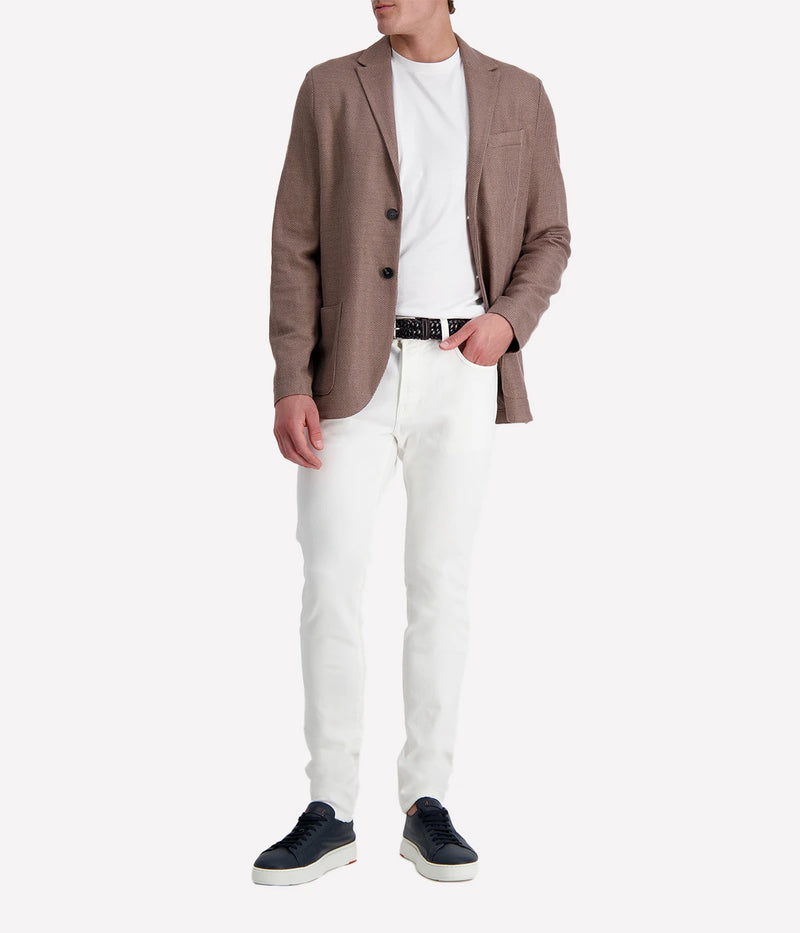 Knitted linen blend men's blazer with 2-button closure, notched collar, and patch pockets, unlined for lightweight summer layering. Made in Italy.