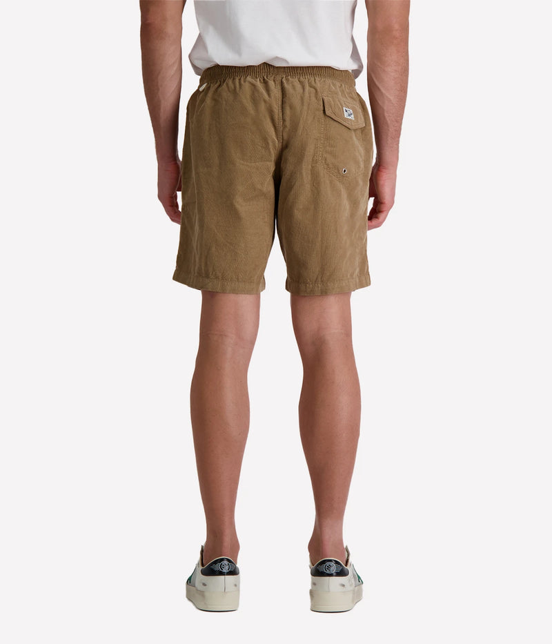 Hartford long-fit corduroy shorts in cigar with an elastic drawstring waistband and relaxed silhouette, made from 100% organic cotton for breathable summer comfort.