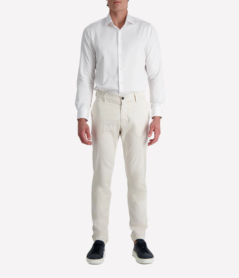 Eleventy men's sand coloured straight-leg trousers in stretch cotton poplin with side and back welt pockets.