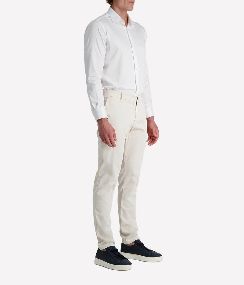 Eleventy men's sand coloured straight-leg trousers in stretch cotton poplin with side and back welt pockets.