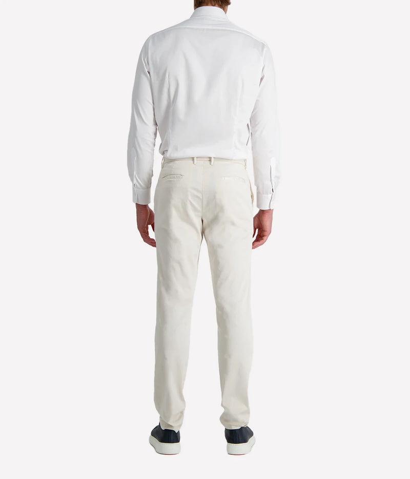 Eleventy men's sand coloured straight-leg trousers in stretch cotton poplin with side and back welt pockets.