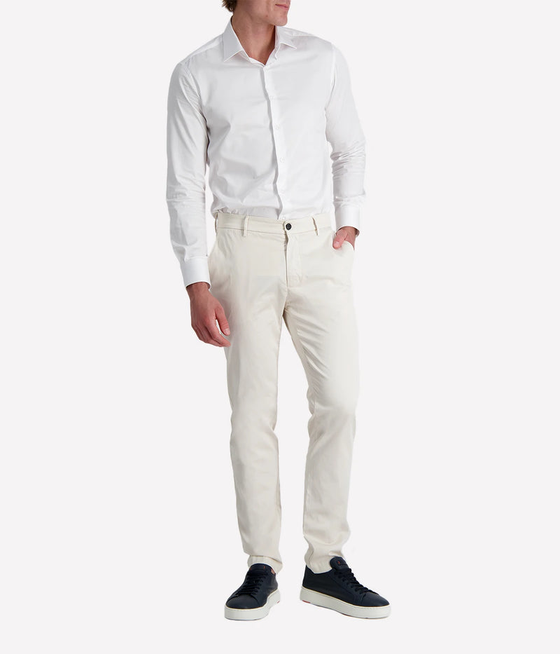 Eleventy men's sand coloured straight-leg trousers in stretch cotton poplin with side and back welt pockets.