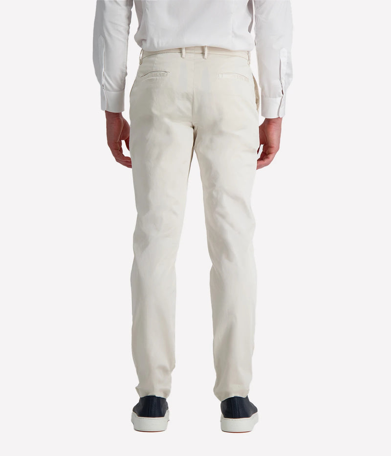 Eleventy men's sand coloured straight-leg trousers in stretch cotton poplin with side and back welt pockets.