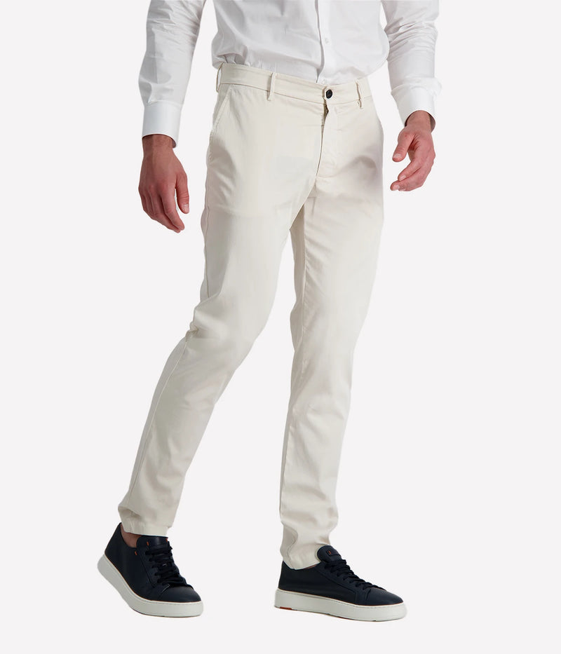 Eleventy men's sand coloured straight-leg trousers in stretch cotton poplin with side and back welt pockets.