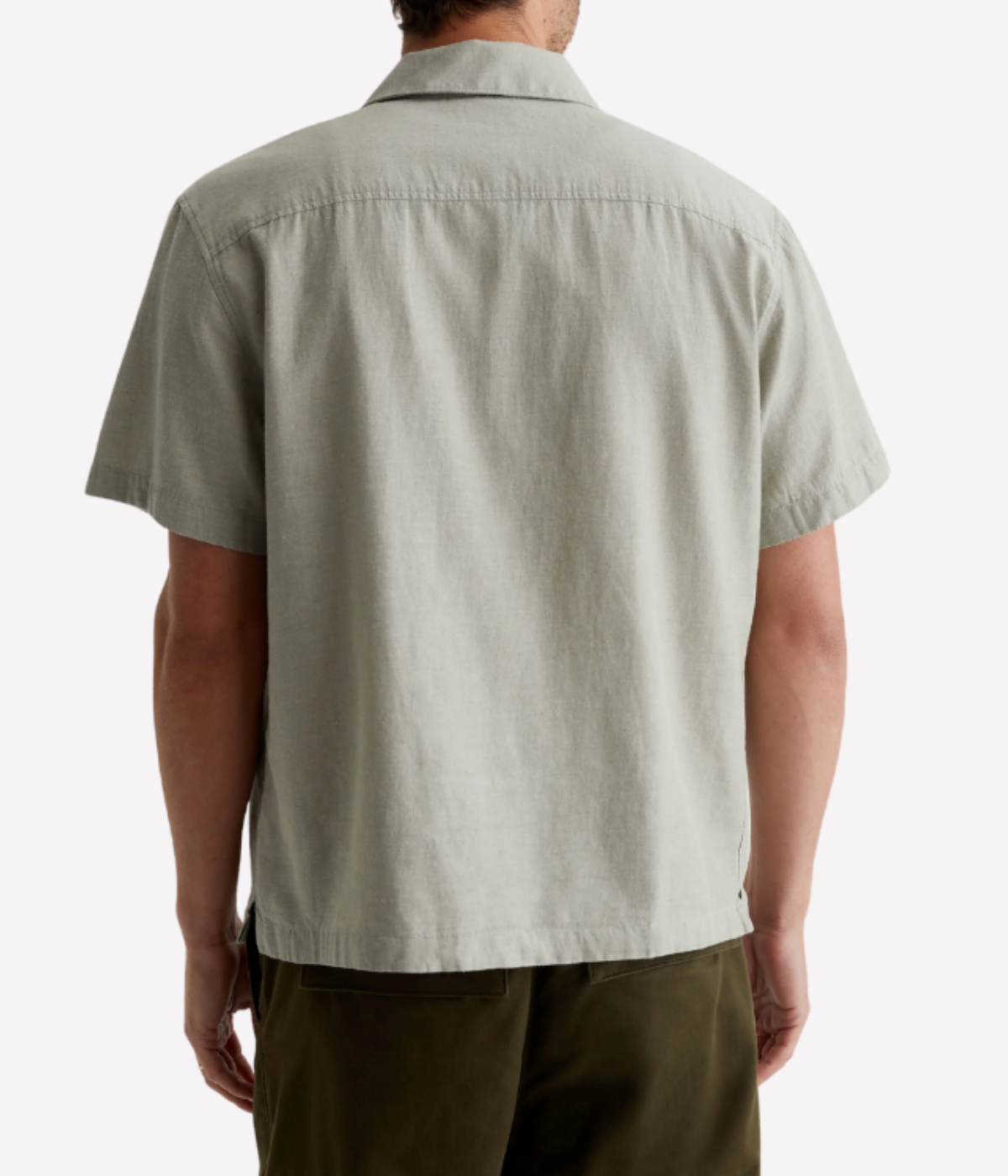 AG Foster Short Sleeve Shirt Dried Bay Leaf On Model Back View Cotton Hemp Camp Collar Shirt