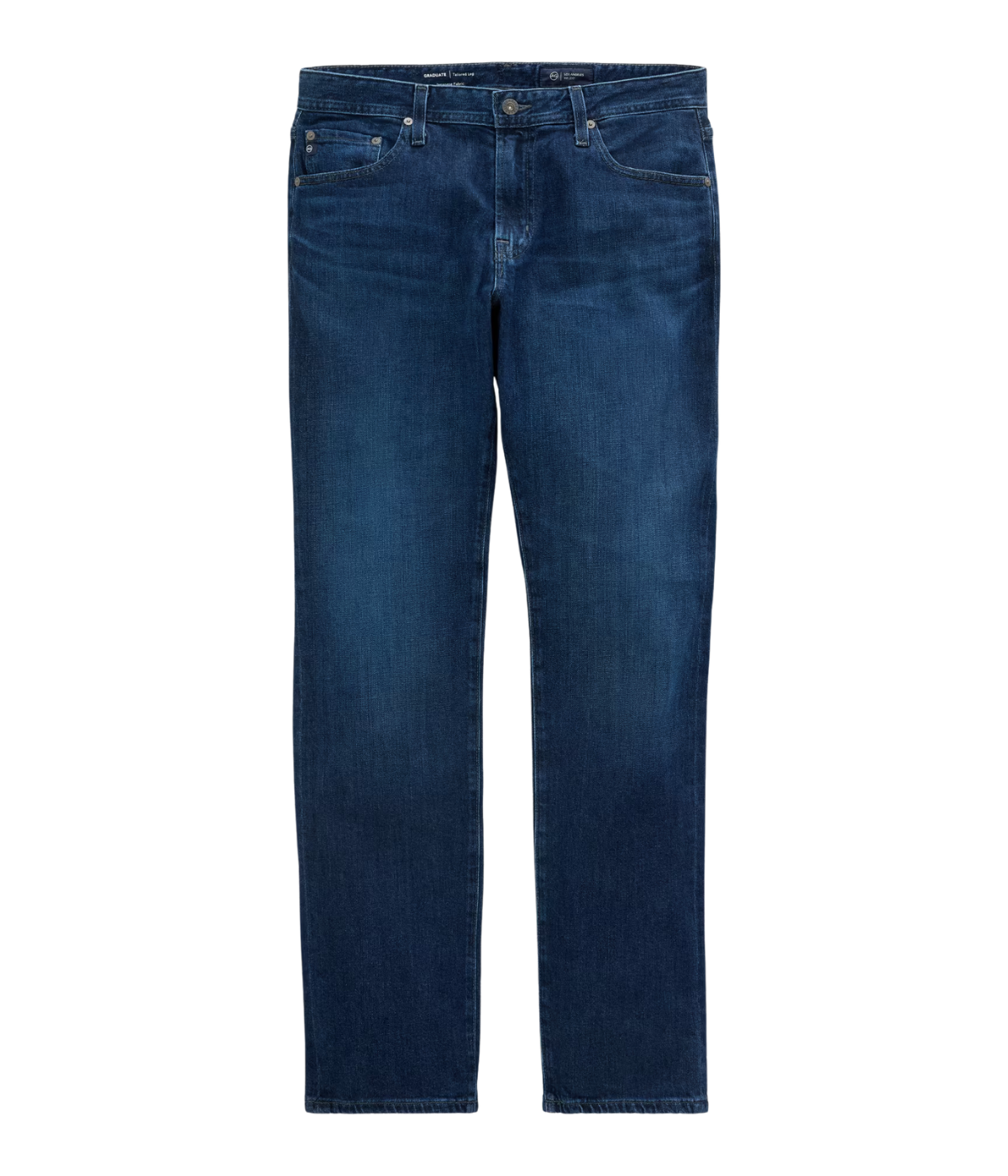 AG Graduate Jean Crusade Flat Lay Front View Slim Straight Medium Indigo Jean