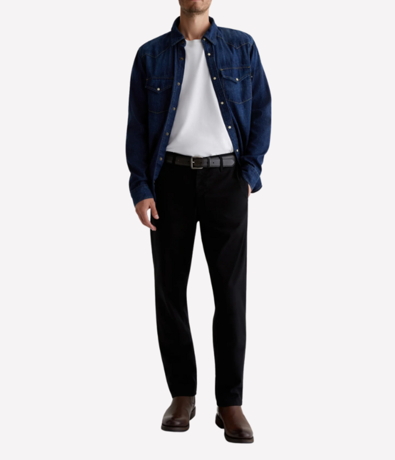 AG Kullen Trouser Black On Model Full Length Front View Slim Fit Stretch Trouser