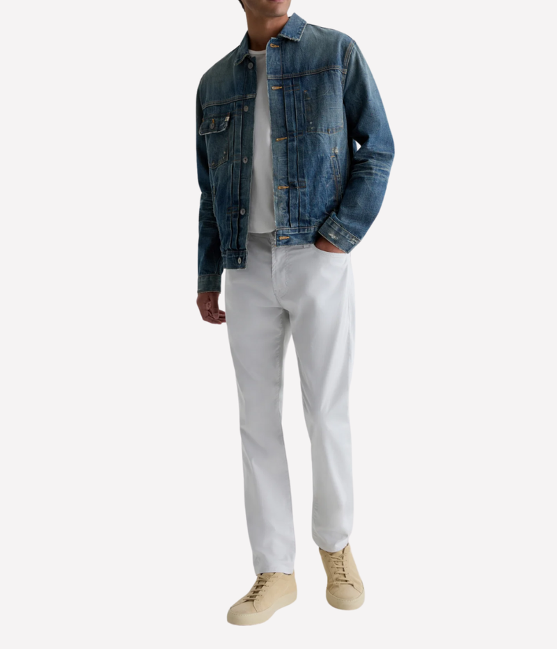 AG Tellis Jean Almost White On Model Full Length Front View Modern Slim Performance Jean