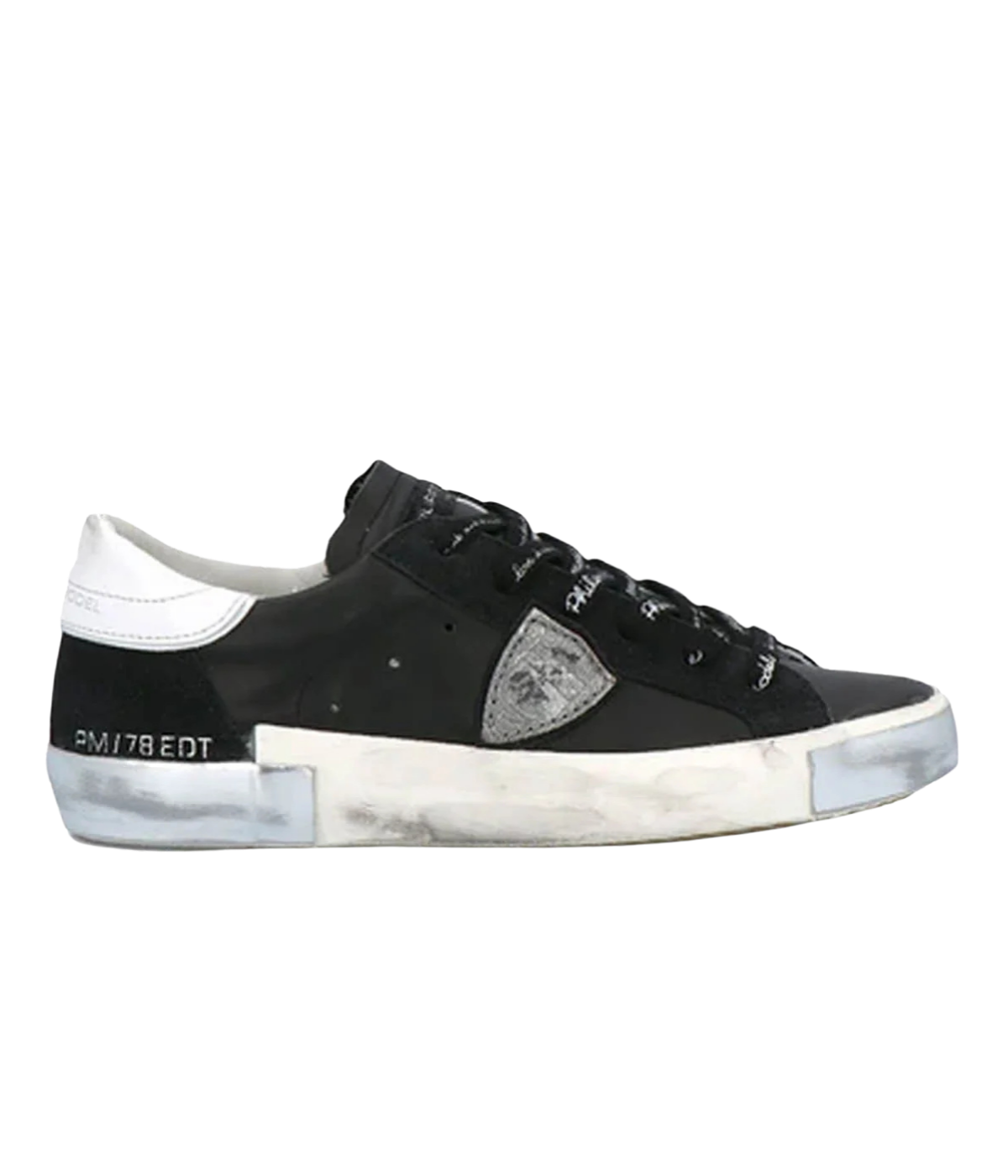 Philippe Model PRSX Low Man Foxy Lamine Noir & Argent Side View Leather Sneaker