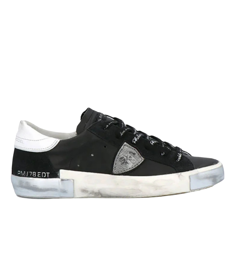 Philippe Model PRSX Low Man Foxy Lamine Noir & Argent Side View Leather Sneaker