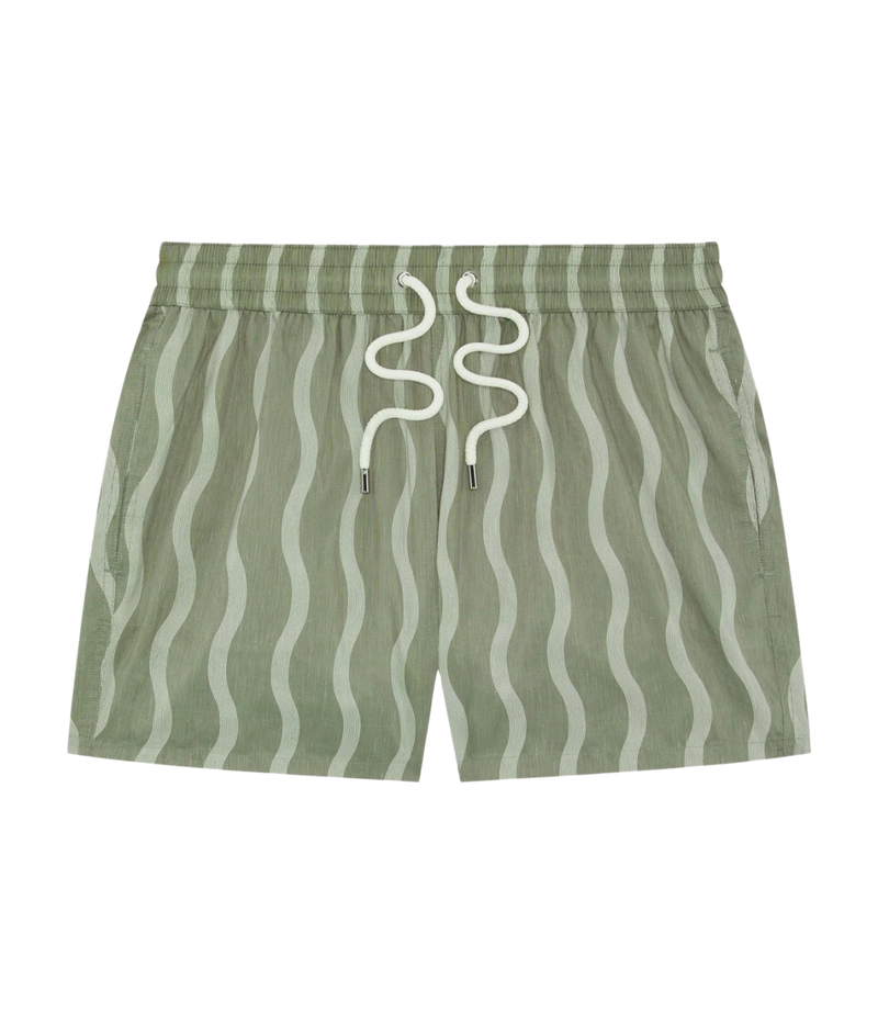 Frescobol Carioca Rio Sport Cabana Swim Short in Palm Green front flat lay featuring the Cabana Pinstripe print.