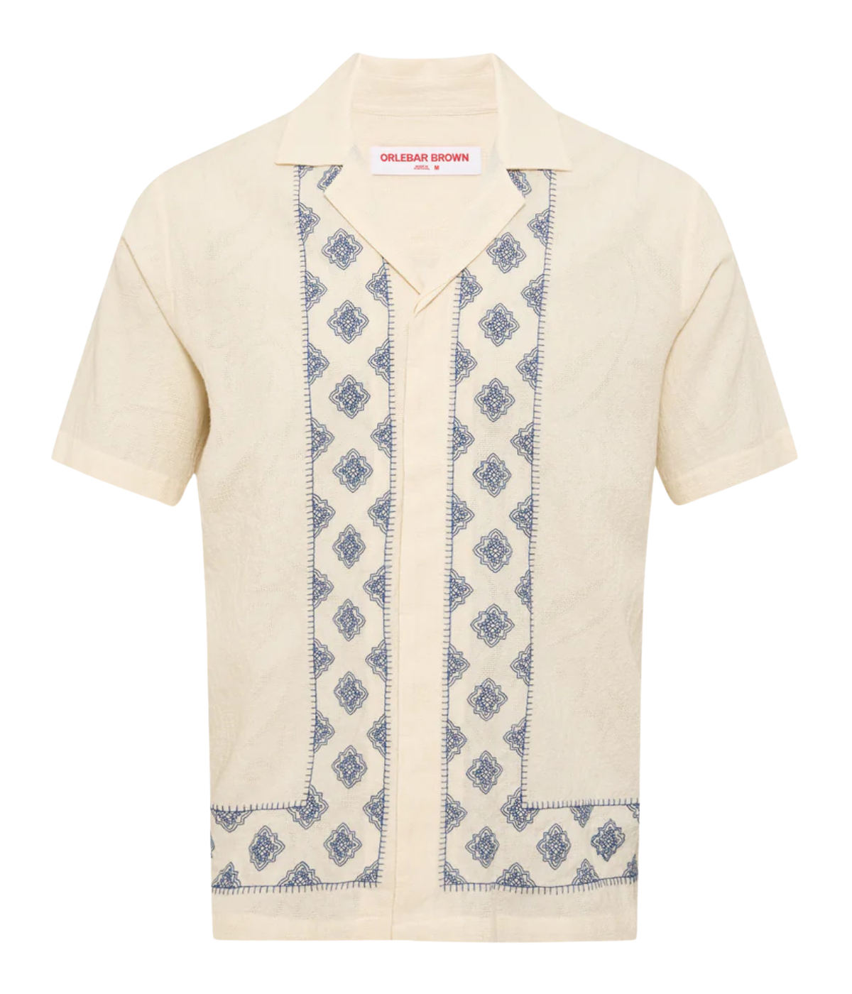 Orlebar Brown Maitan Carnival Embroidery Shirt in White Sand & Nightfall Blue featuring exclusive embroidered artwork, a Capri collar and relaxed fit - Product Shot