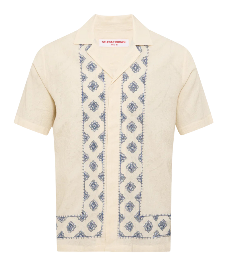 Orlebar Brown Maitan Carnival Embroidery Shirt in White Sand & Nightfall Blue featuring exclusive embroidered artwork, a Capri collar and relaxed fit - Product Shot