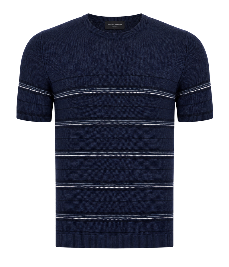 Roberto Collina Knit Short Sleeve Roundneck in Navy Ghost Manniquin front shot featuring a striped knit texture.