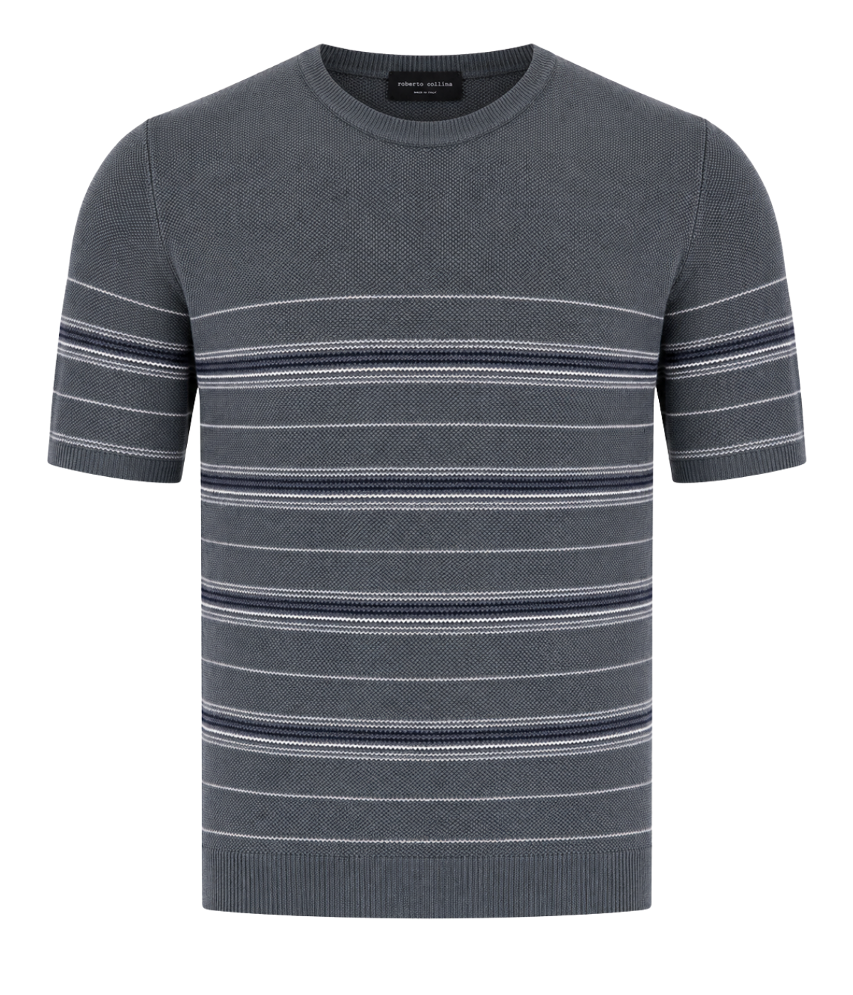Roberto Collina Knit Short Sleeve Roundneck in Asfalto Ghost Mannequin Front Shot featuring a striped knit texture.
