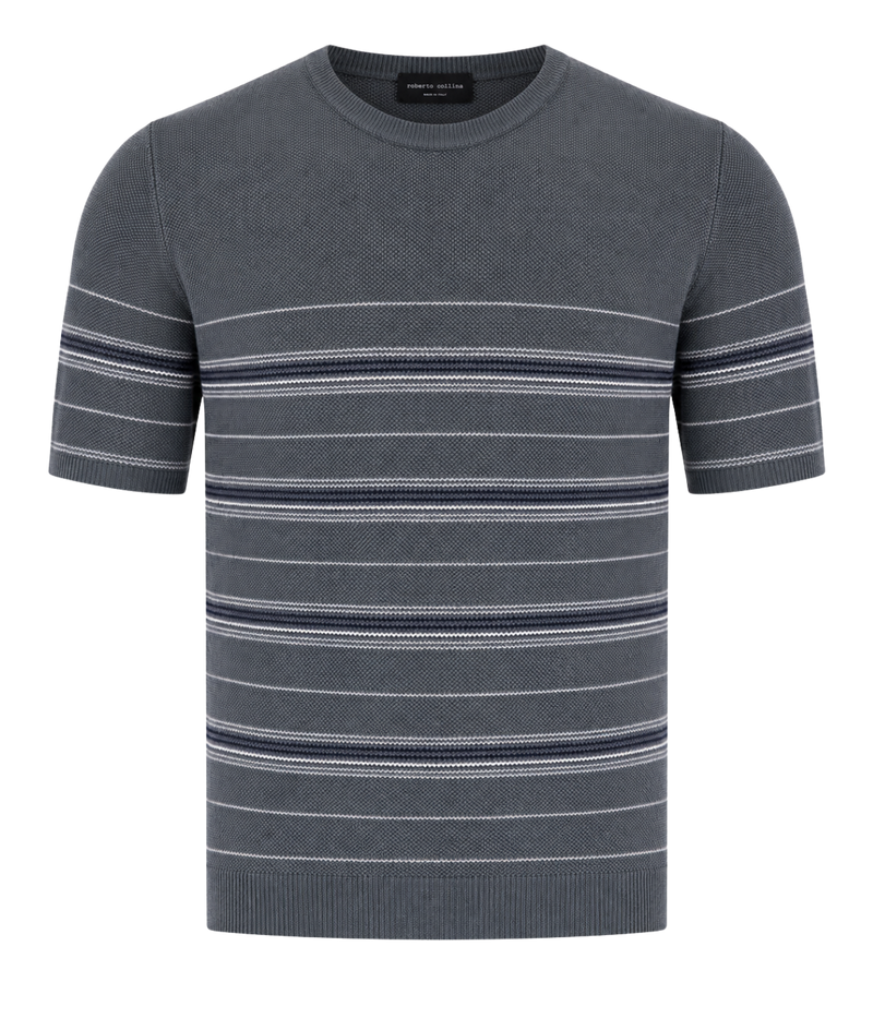 Roberto Collina Knit Short Sleeve Roundneck in Asfalto Ghost Mannequin Front Shot featuring a striped knit texture.