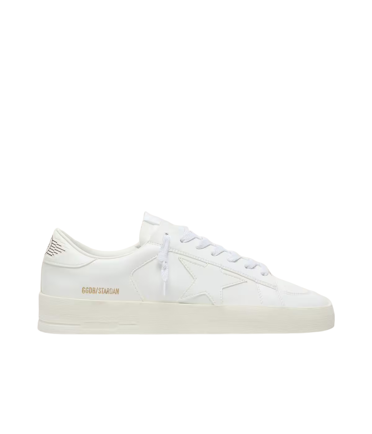 Golden Goose Stardan low-top sneakers in Optic White with a smooth leather upper and signature leather star, side profile.