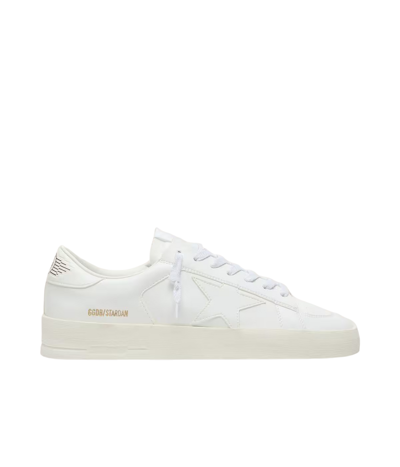 Golden Goose Stardan low-top sneakers in Optic White with a smooth leather upper and signature leather star, side profile.