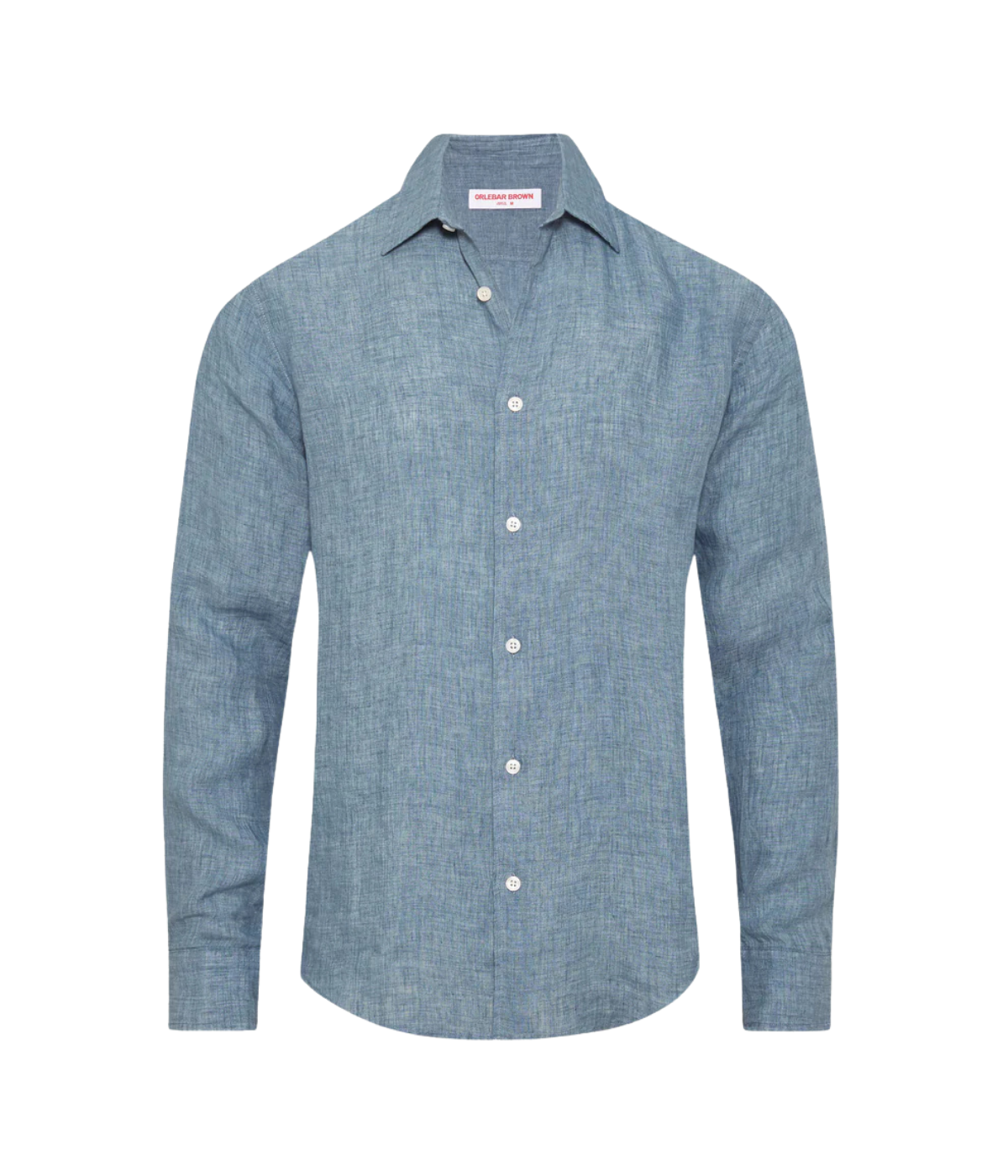 Orlebar Brown Giles Lino Tailored Fit Italian Linen Shirt in Aero Blue ghost mannequin front shot