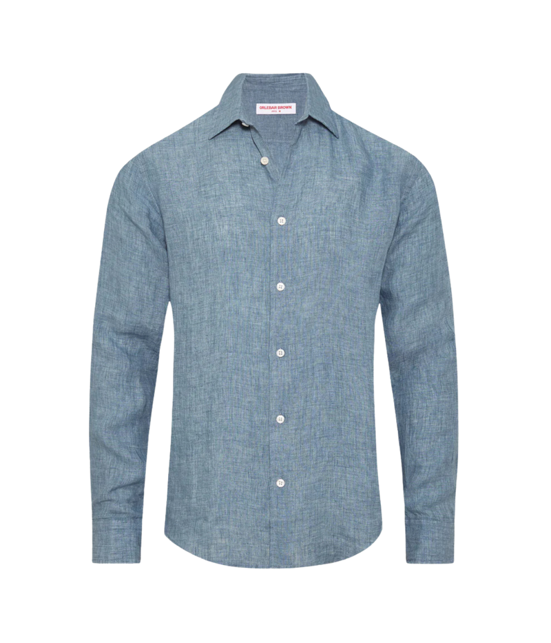 Orlebar Brown Giles Lino Tailored Fit Italian Linen Shirt in Aero Blue ghost mannequin front shot