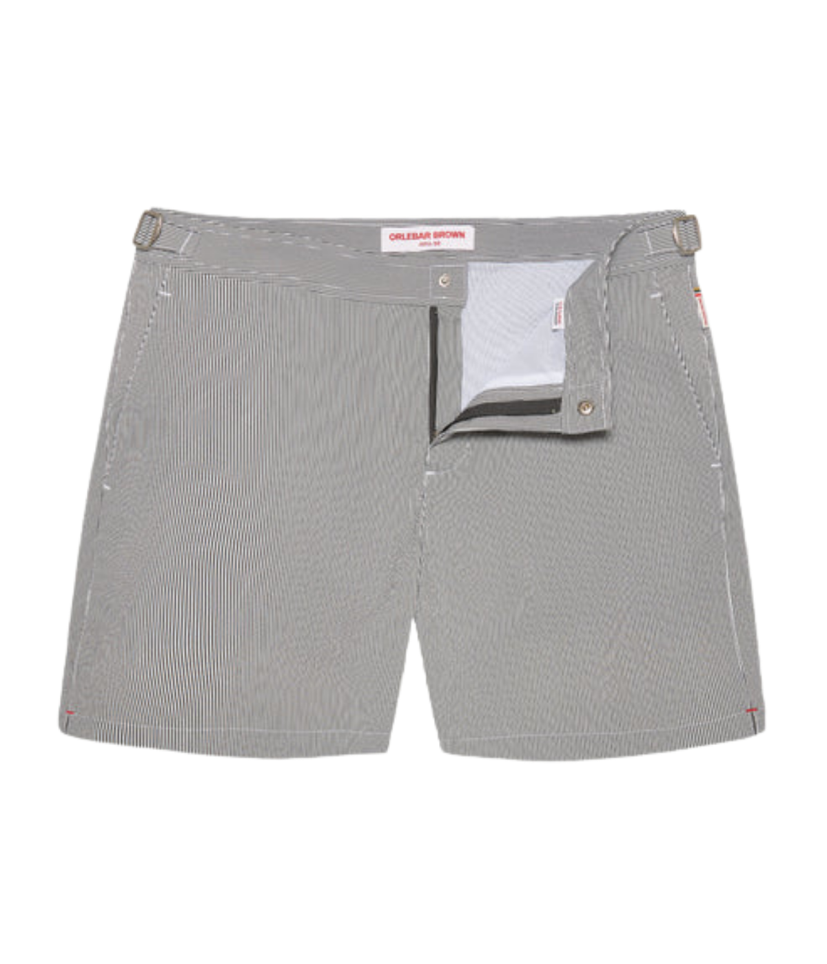Orlebar Brown Bulldog Seersucker Stripe in Charcoal / White Stripe front flat lay.