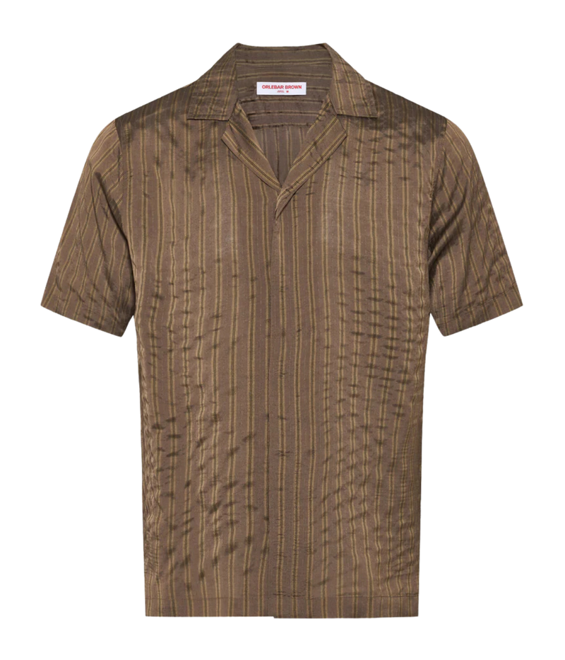 Orlebar Brown Maitan Villa Stripe Shirt in Bronze front flat lay.