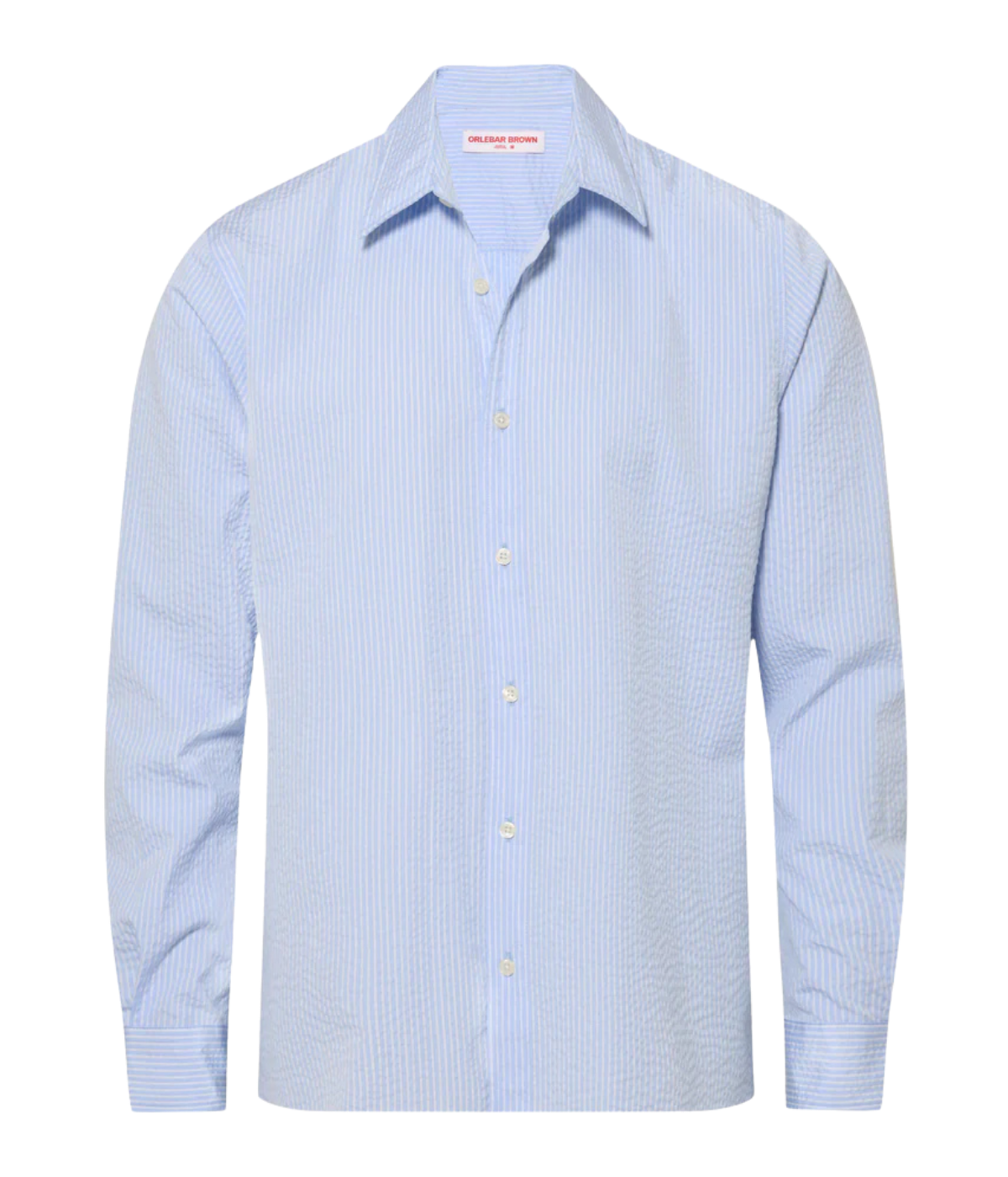 Orlebar Brown Justin Seersucker Stripe Shirt in Surfside Blue & Thasos Beach front flat lay.