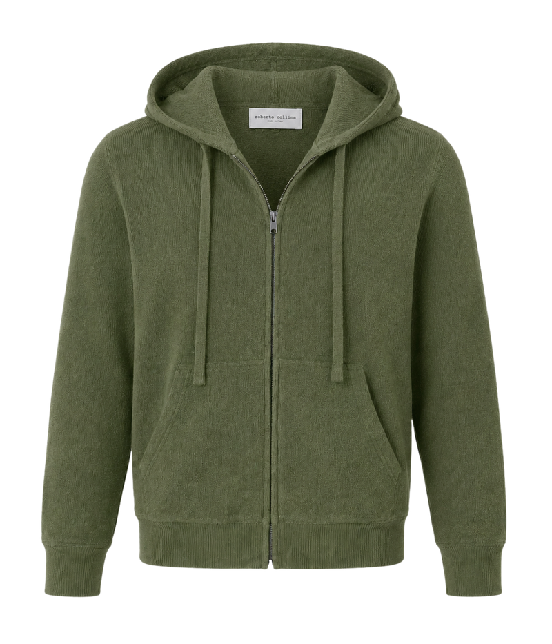 Roberto Collina Knit LS Hoodie in Militare – Ghost Mannequin Front Shot 