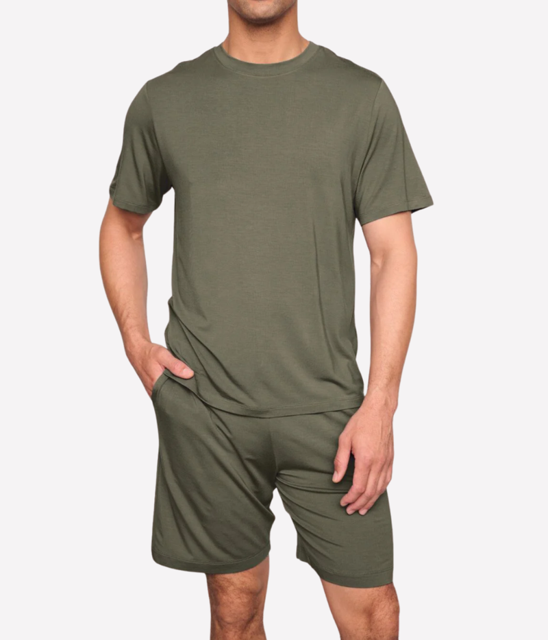 Henry Short PJ Set In Olive Green - Front Shot on Model