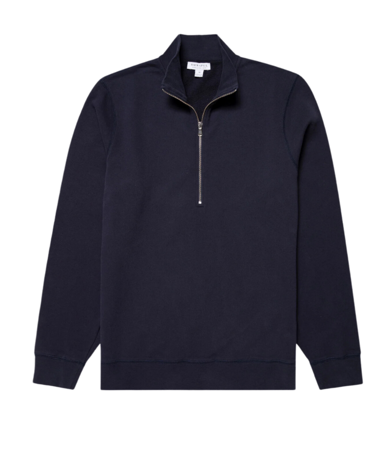 Navy Sunspel Loopback Half-Zip Sweatshirt with a relaxed fit, crafted from soft loopback fabric with insulating warmth and a sleek zip detail.