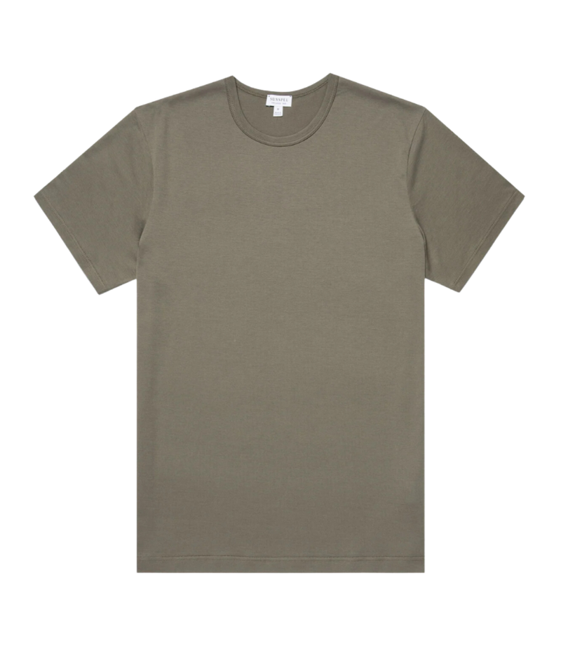 Sunspel Short Sleeve Crew Neck T-Shirt in Khaki - flat lay shot