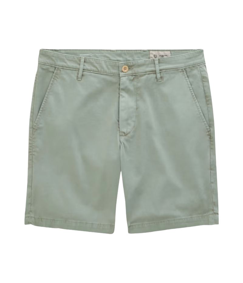 AG Wanderer Short in Sulfur Faded Moss flat lay front view.