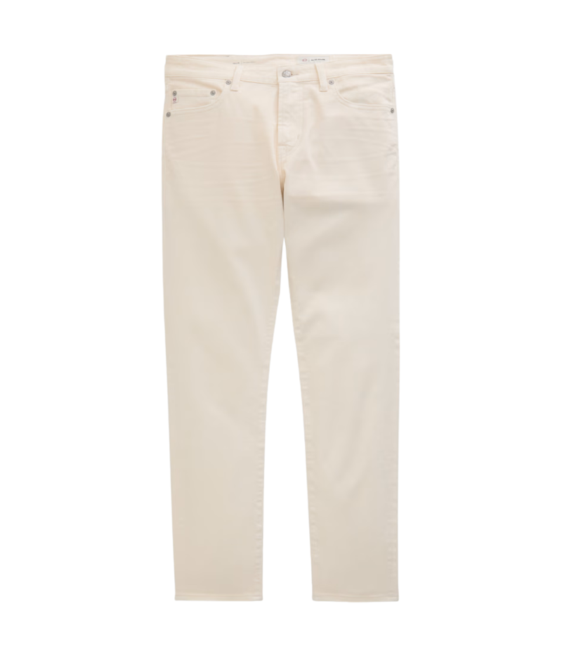 AG Tellis Jean in Sulfur Chalk flat lay front view.