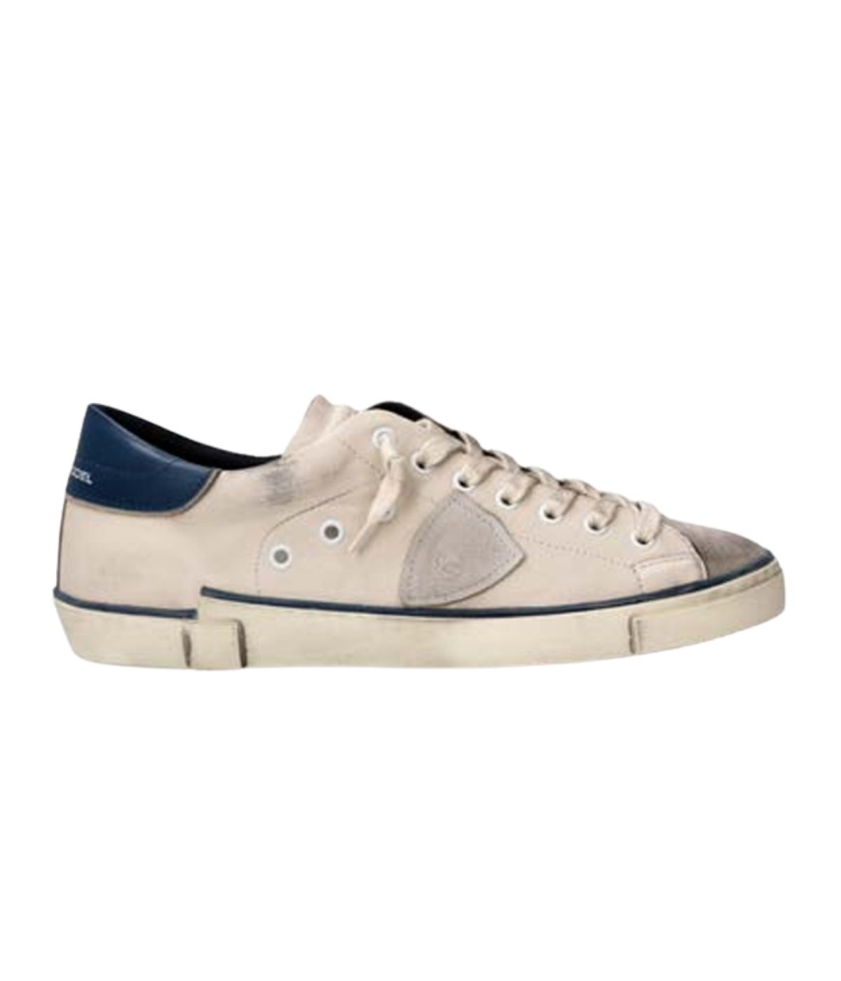Philippe Model Prsx Low Man in Vintage Bordure Lait Bleu side view featuring leather and suede upper with signature shield