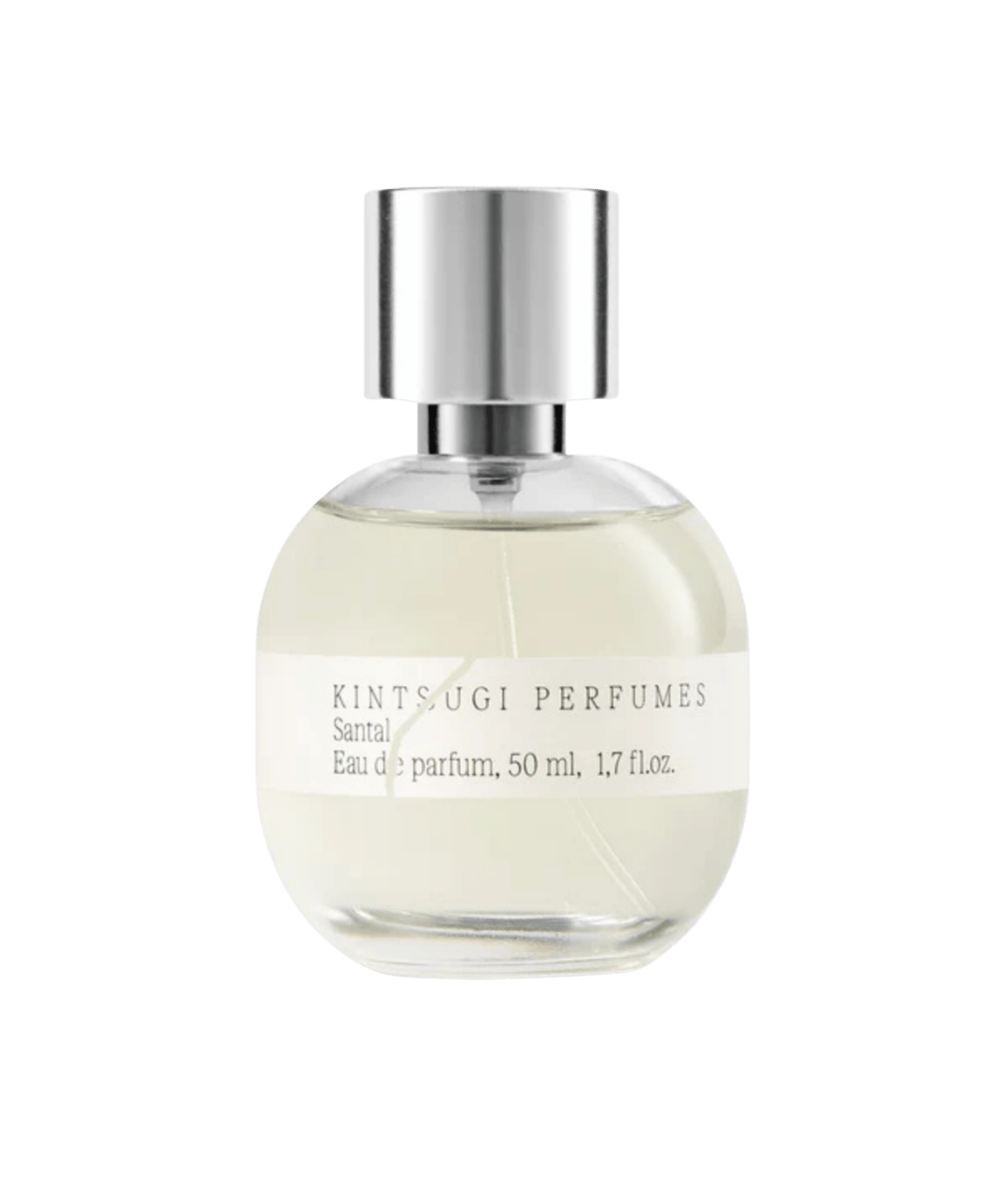 Kintsugi Perfumes Santal Eau de parfum 50 ml bottle with a clear glass body, light yellow liquid, a white label, and a silver cap, on a white background.